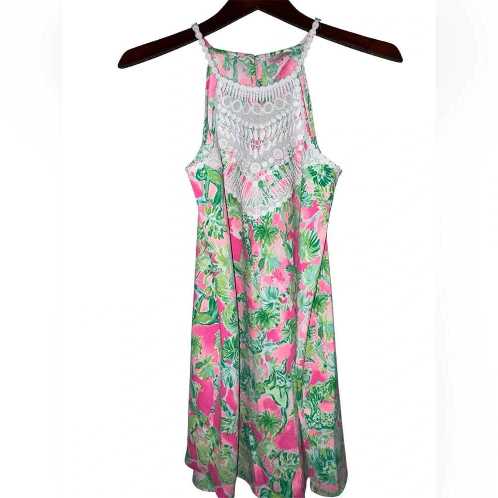 Lilly Pulitzer Pink Green Giraffe Jungle Halter Lace Dress Size 4 - Picture 2 of 7